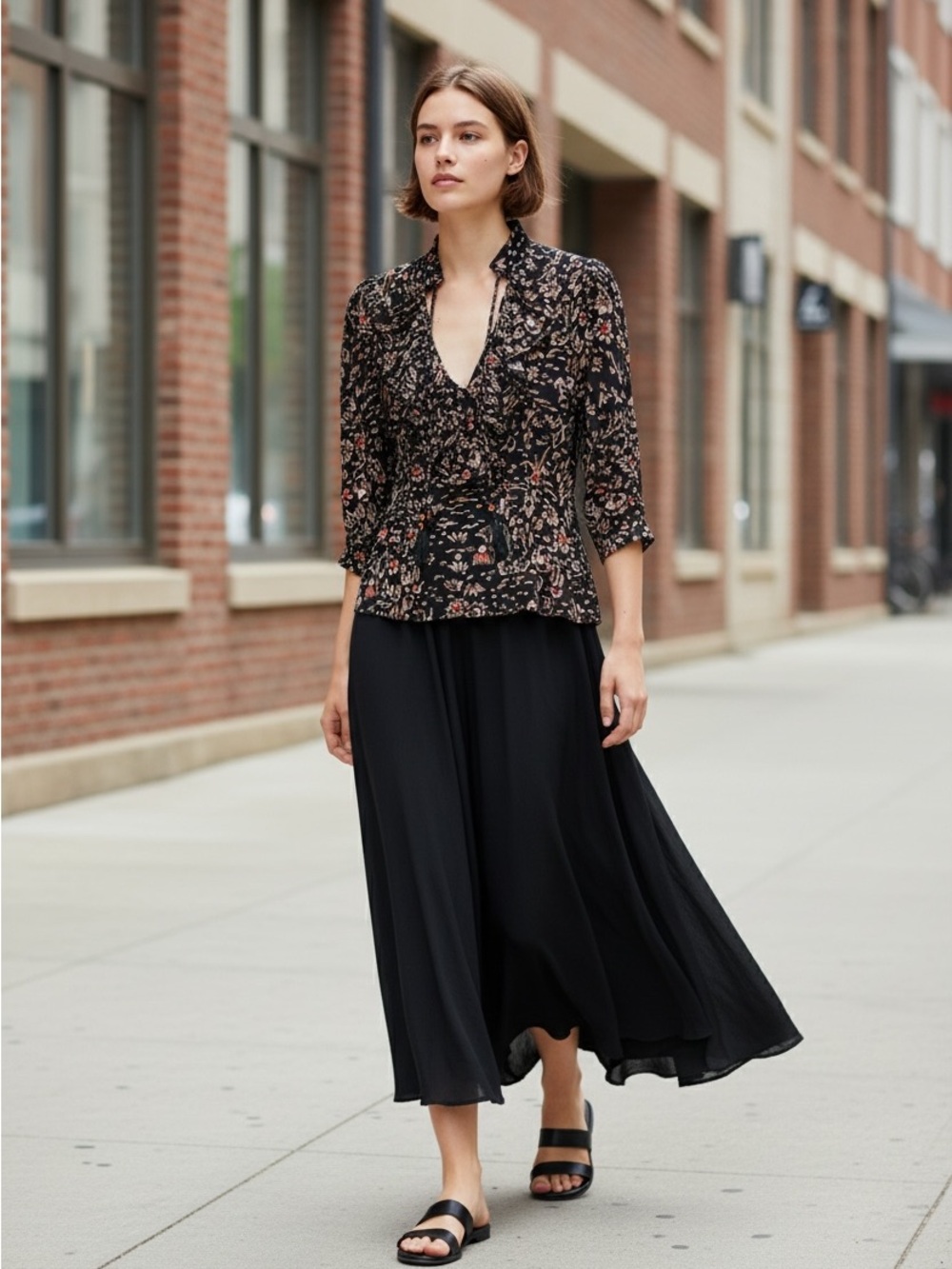 Mayle Black Floral Ruffle Tie-Front Blouse with Tassels